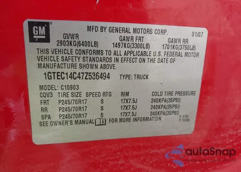 2007 GMC Sierra 1500 Work Truck from USA, damaged, VIN 1GTEC14C47Z536494